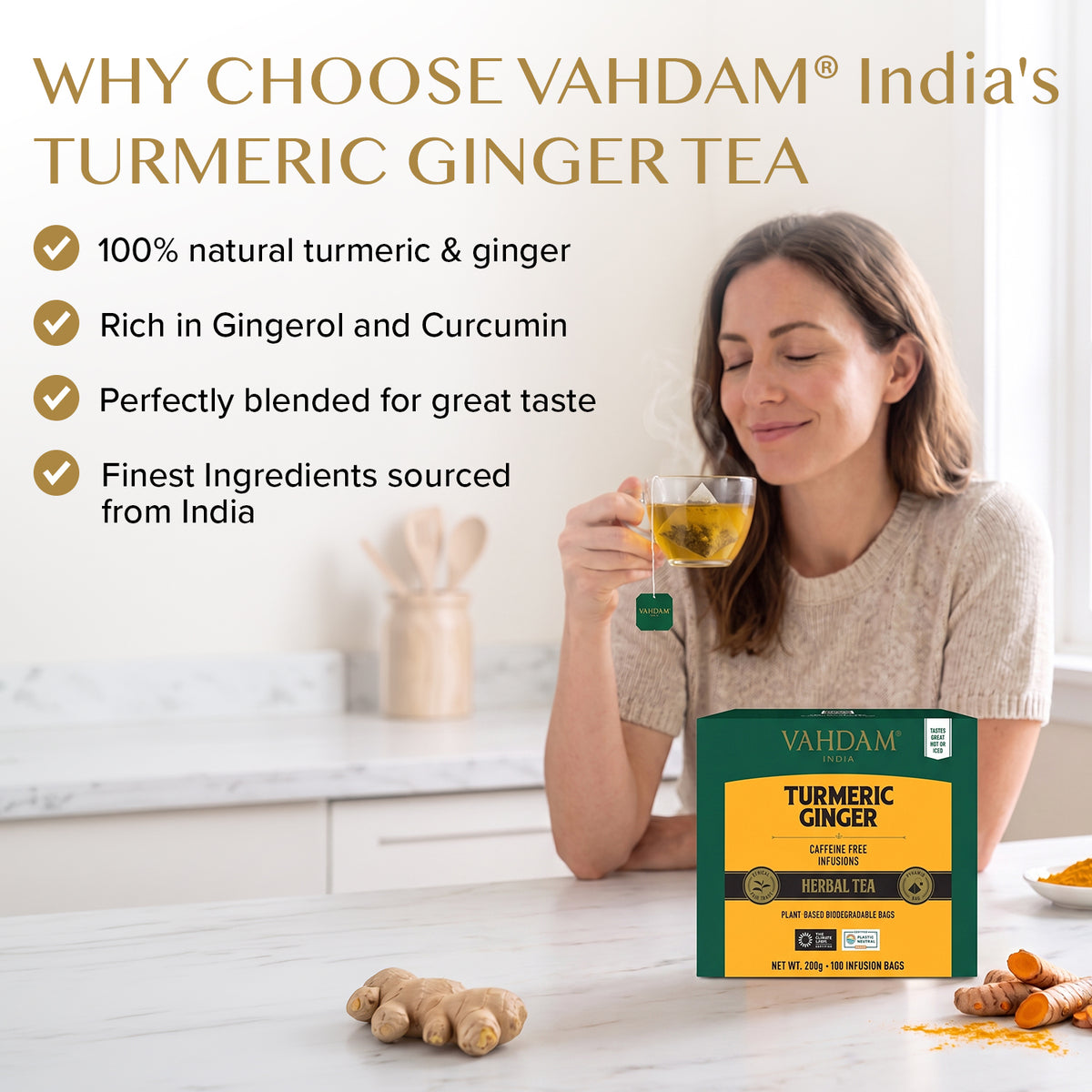 Turmeric Ginger caffeine-free herbal tea bags, 30 count | VAHDAM®