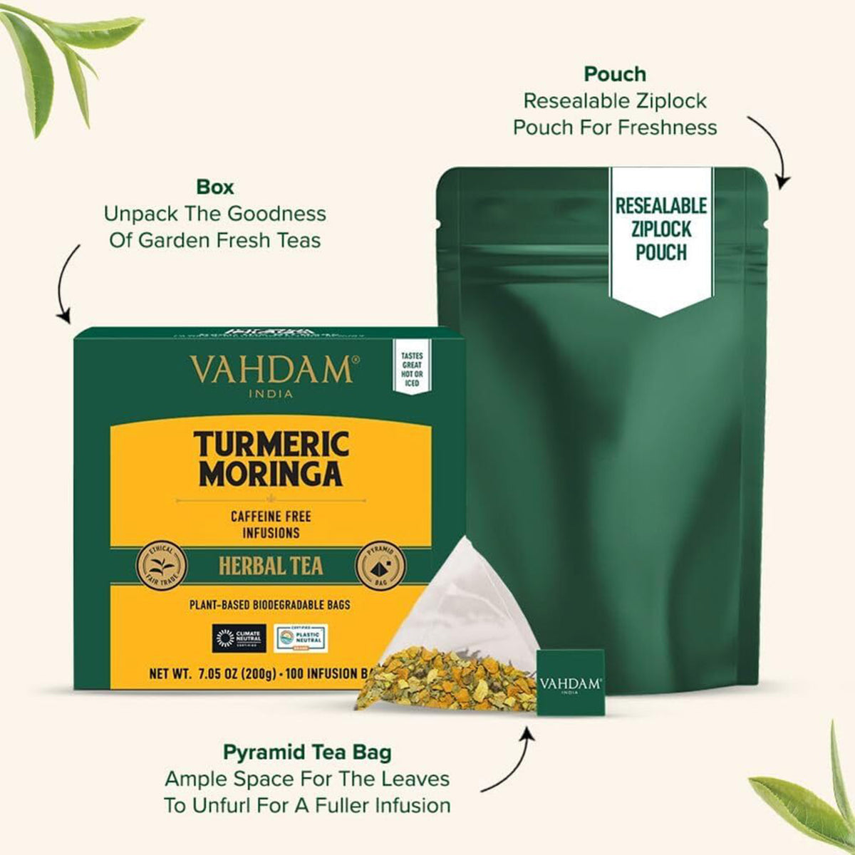 Turmeric Moringa Herbal Tea Tisane, 100 Count