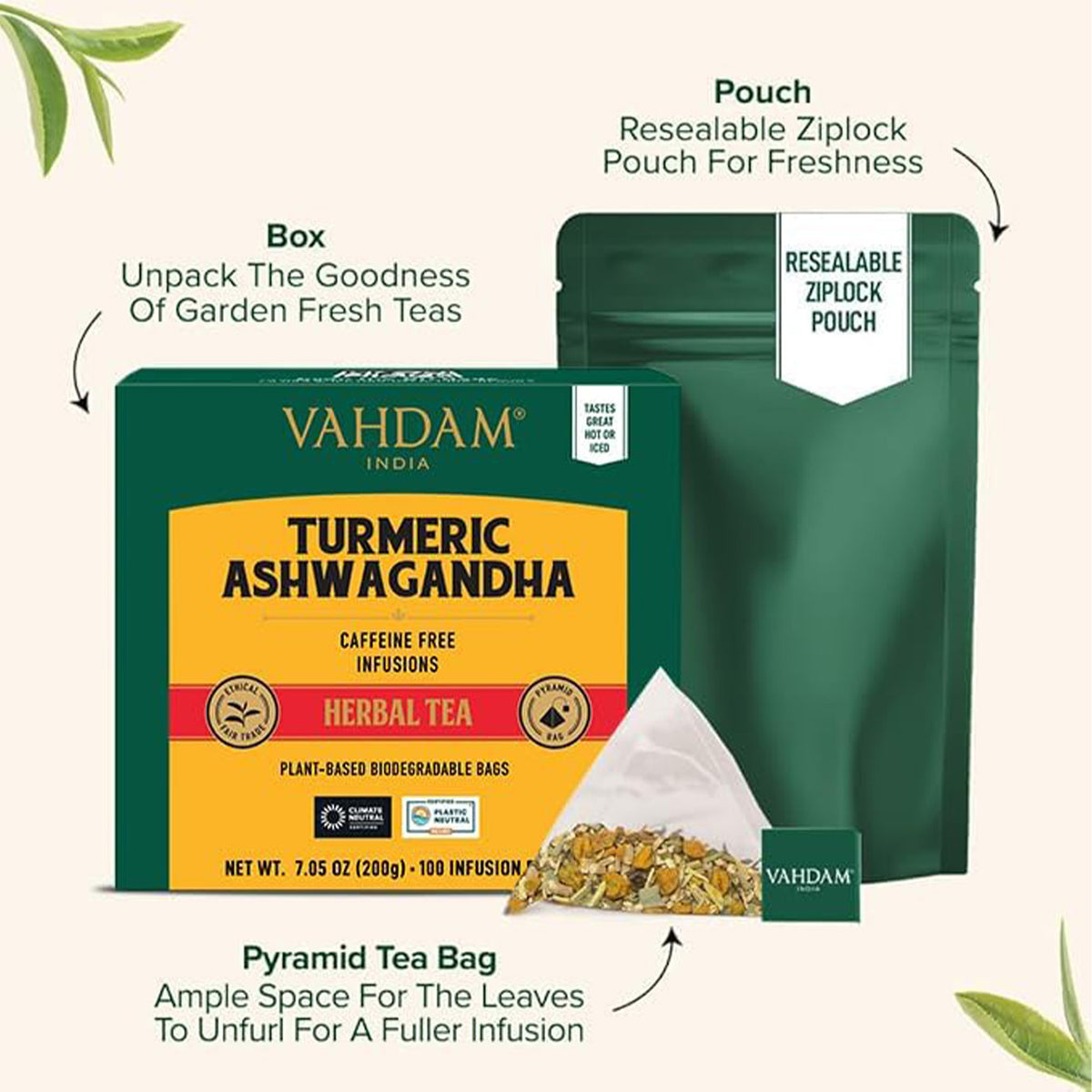 Turmeric Ashwagandha Herbal Tea Tisane - 100 Count