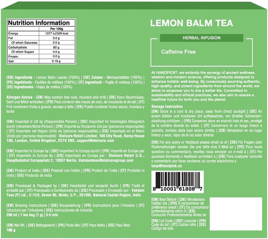 Lemon Balm Tea Bags – 100 Count Caffeine-Free Tea