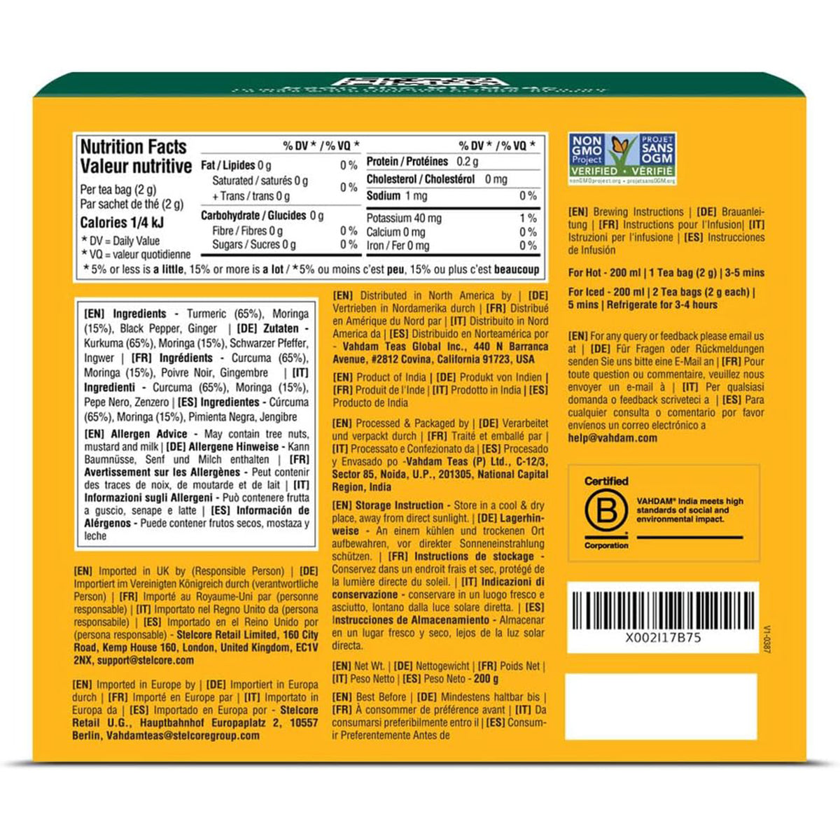 Turmeric Moringa Herbal Tea Tisane, 100 Count