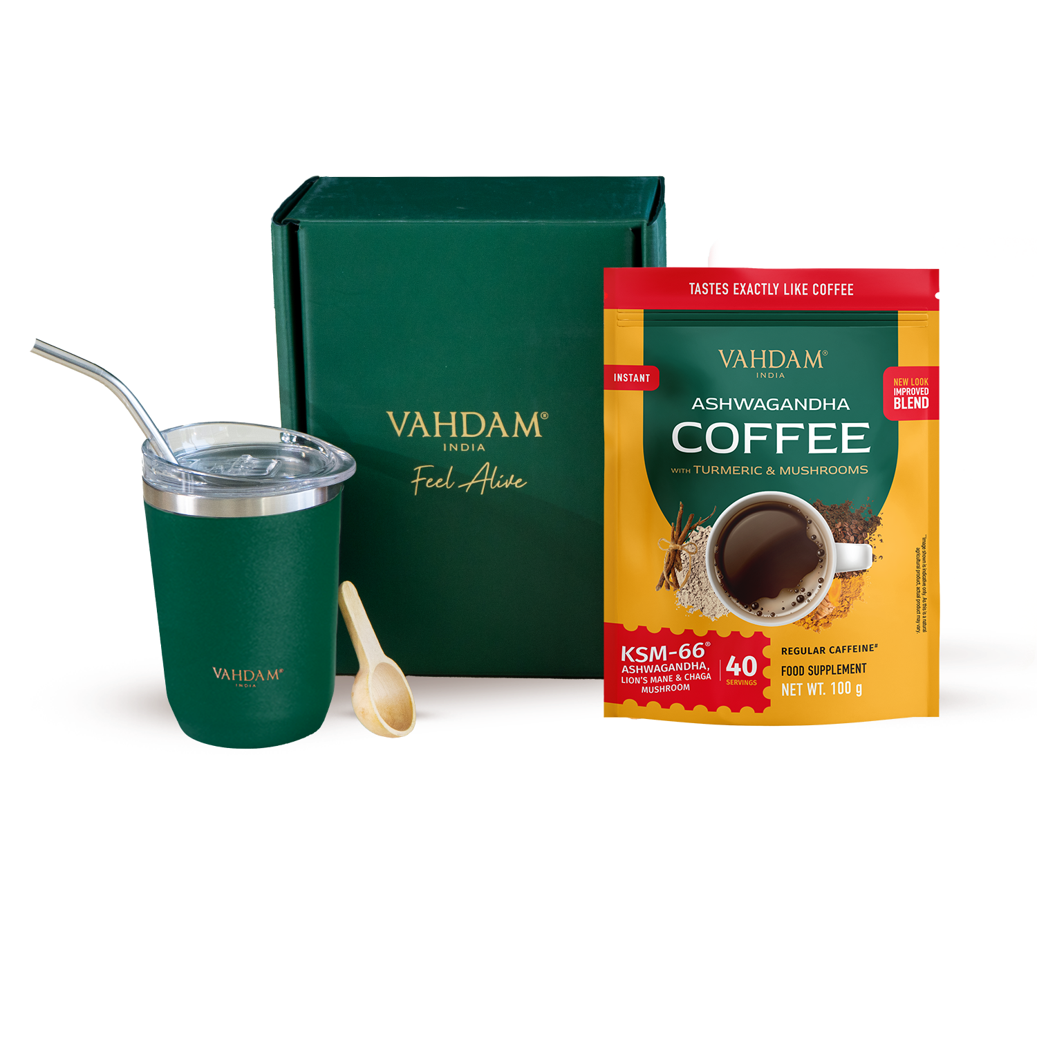 Vahdam coffee package with a green tumbler and wooden spoon on a white background