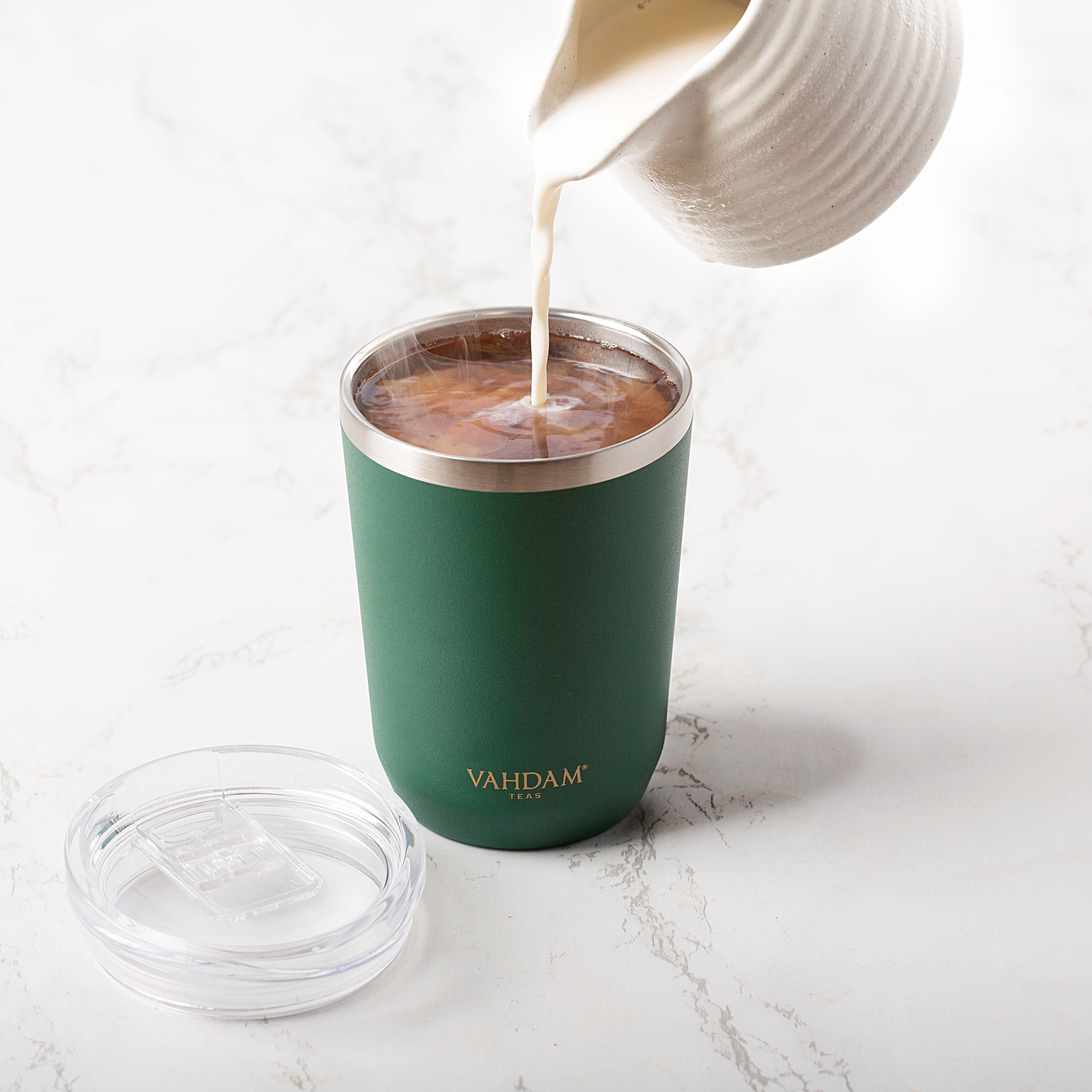 Green insulated stainless steel tumbler with clear lid– VAHDAM®