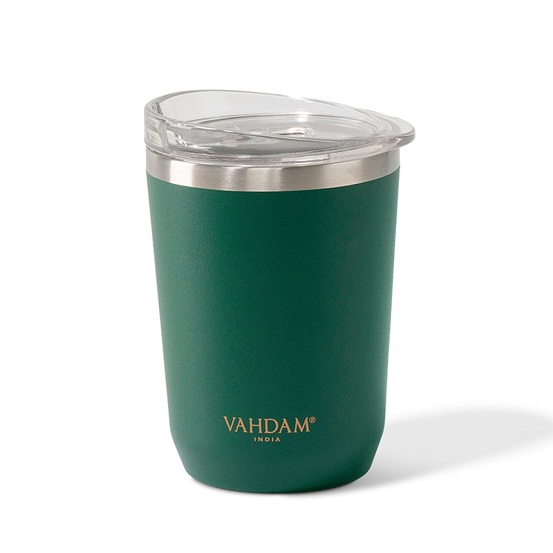Green insulated stainless steel tumbler with clear lid– VAHDAM®