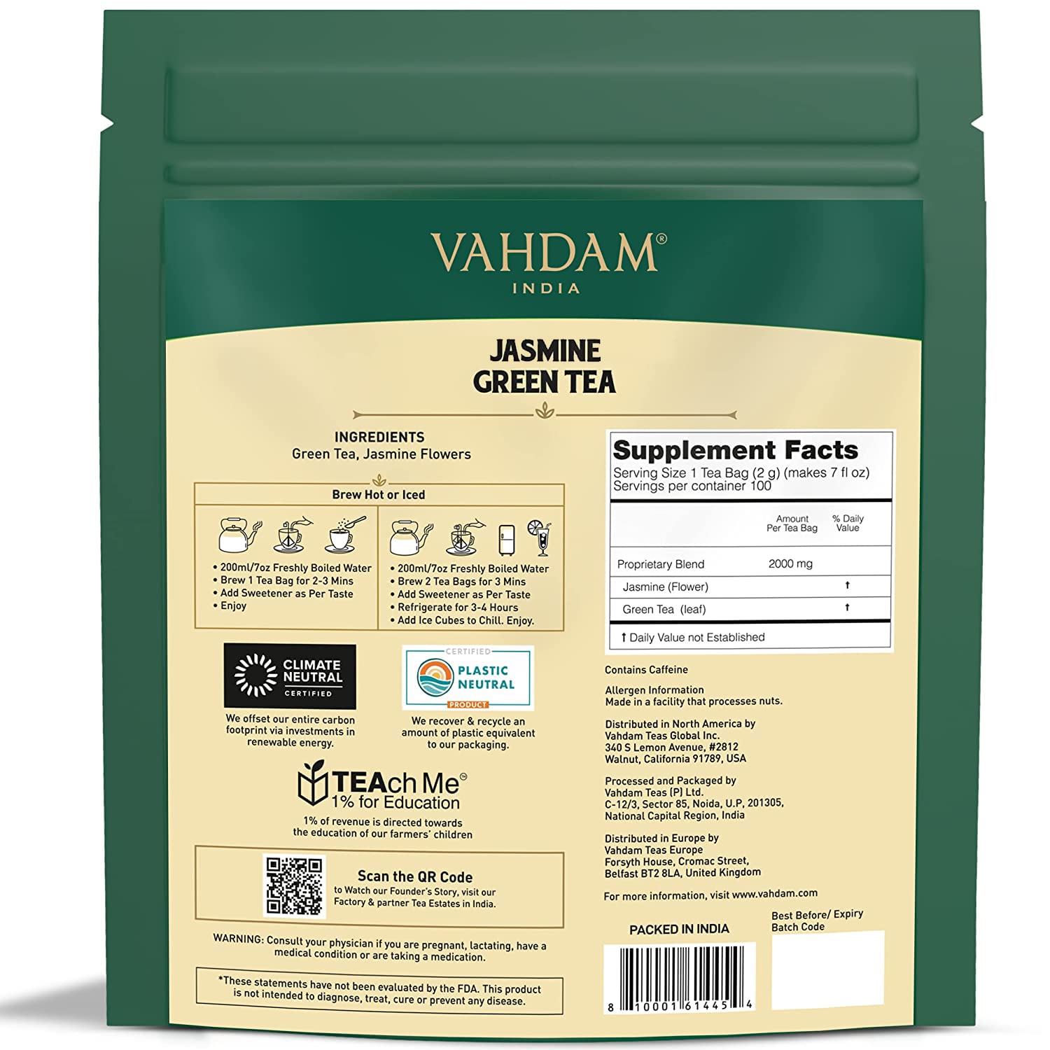 Jasmine Green Tea, 100 Count