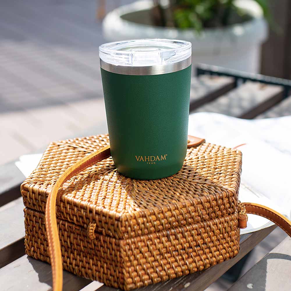 Green insulated stainless steel tumbler with clear lid– VAHDAM®