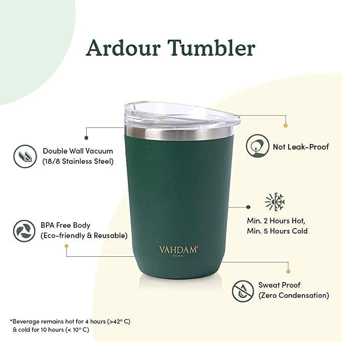 Green insulated stainless steel tumbler with clear lid– VAHDAM®