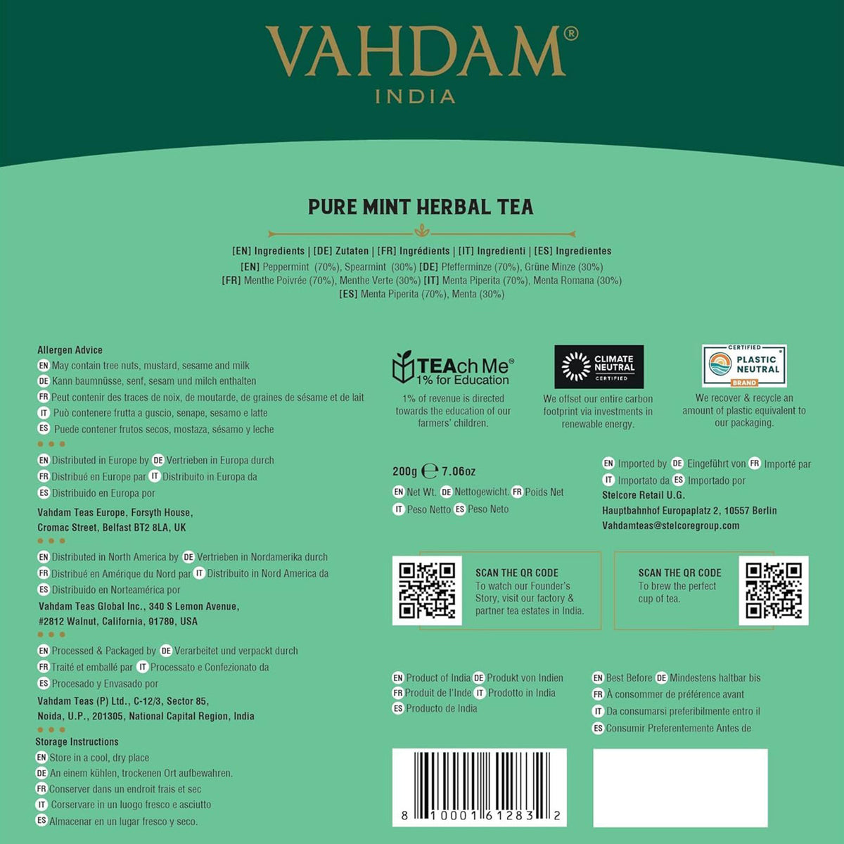 Pure Mint Herbal Tea Tisane, 100 Count