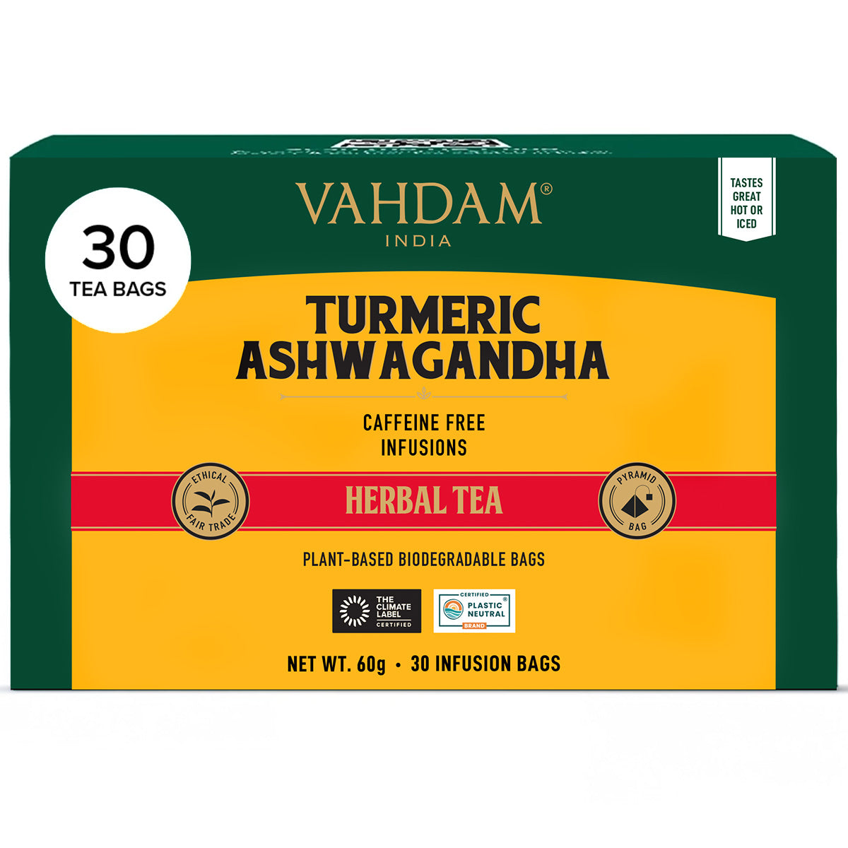 Turmeric Ashwagandha Herbal Tea Bags Caffeine Free, 30 Count